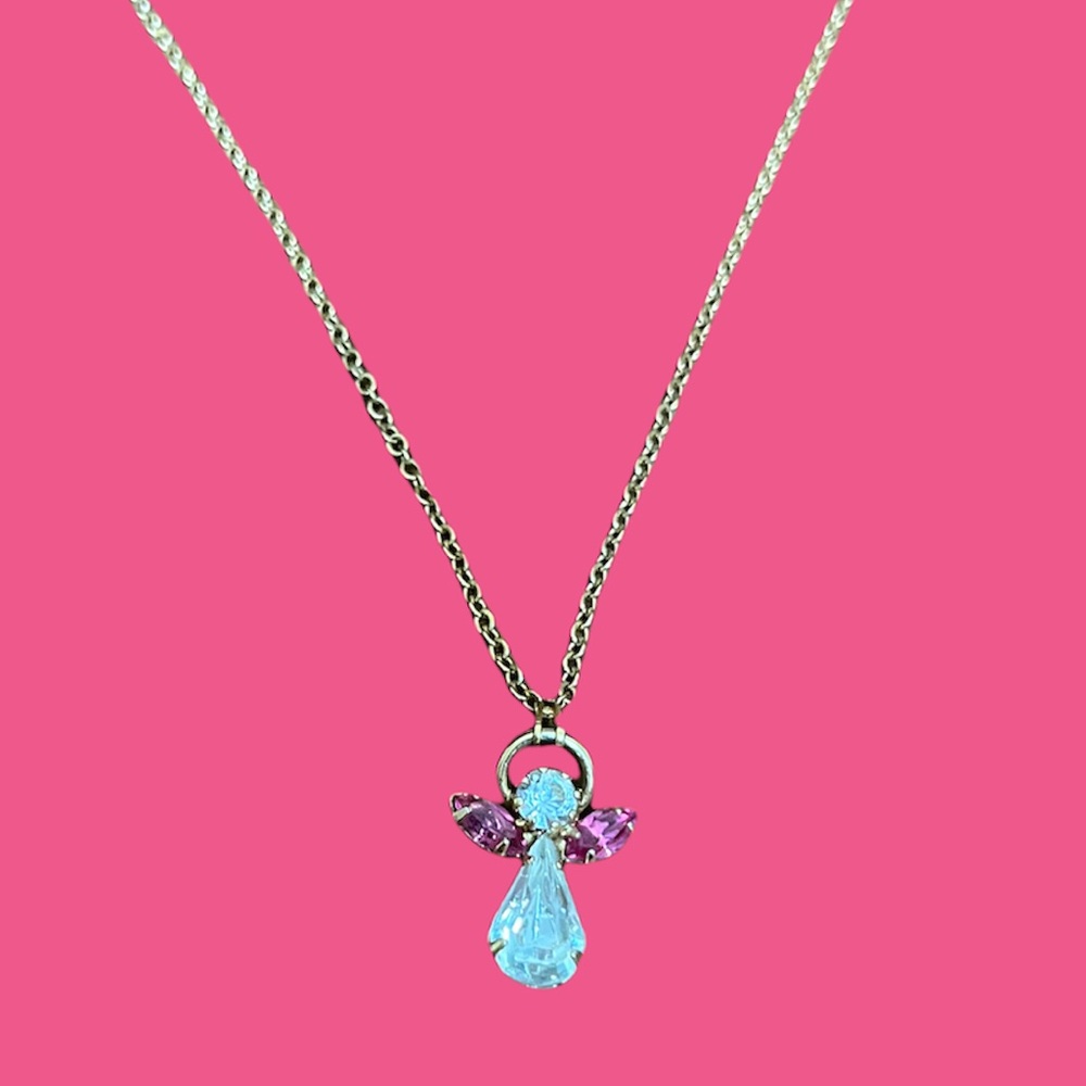 Gold tone white pink angle woman necklace